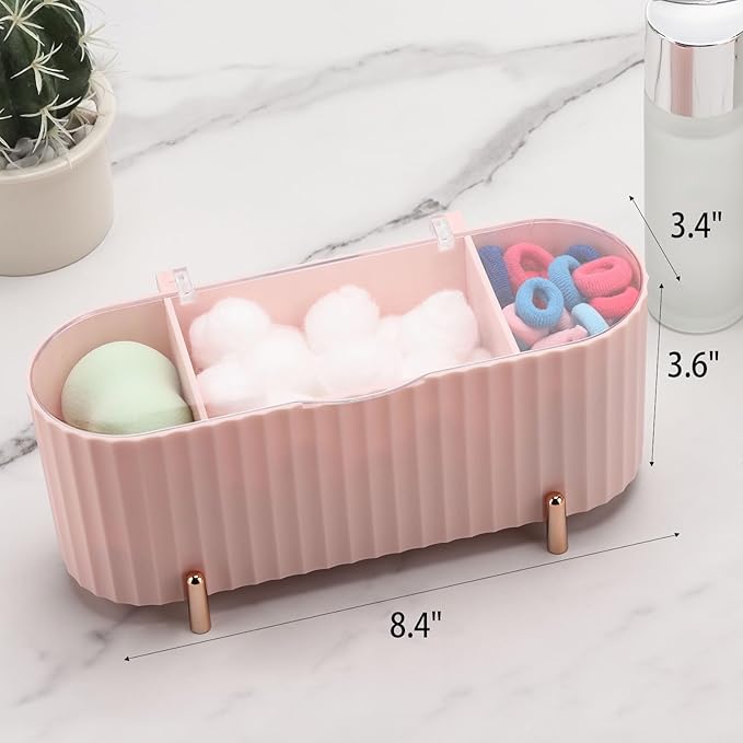 Tecbeauty Qtips Holder, 3 Grids Separate Cotton Swabs Ball Dispenser, Storage Box, Jar for Cotton Pads Bathroom Organizer Canisters - Pink