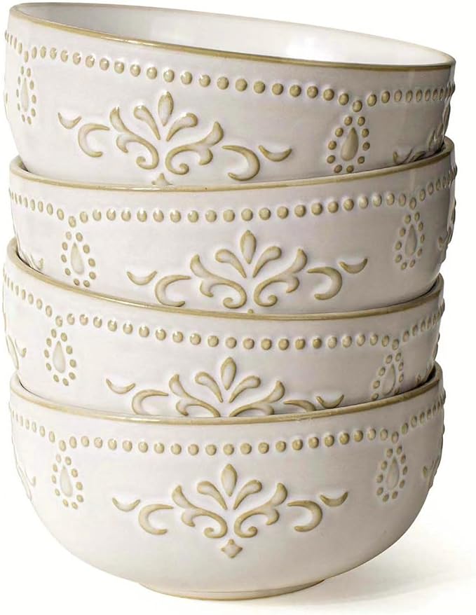 Artena Small Bowls Set of 4, 12 oz Ceramic Embossment Dessert Bowls, white Bowl for Kitchen, Ice Cream, Side Dishes, Rice, Cereal, Fruit, 4.5 Inch, Microwave & Dishwasher Safe, Wheat Leaf