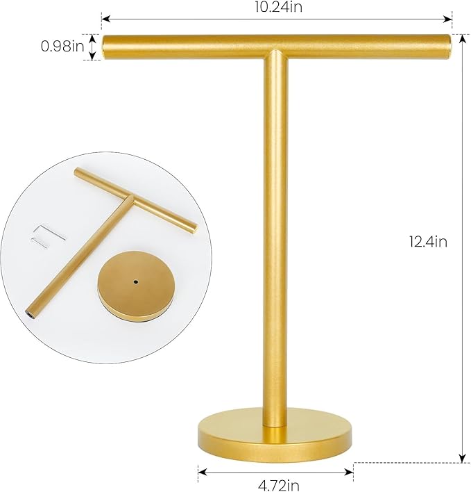 T-Shape Bath Hand Towel Holder Stand, Stainless Steel Free Standing Hand Towel Rack, for Bathroom Kitchen & Countertop, Golden, 2 Pack