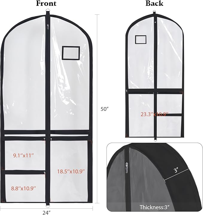Univivi Clear PVC Dance Costume Bag, 50 Inch Garment Bag for Competitions With 3 Separated Medium Zipper Pockets and 1 Large Back Zippered Pocket (Clear/Black)