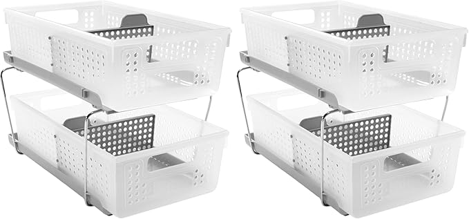 madesmart 2 Tier Bath Organizer,Undersink Storage with Sliding Drawers,for Cleaning Supplies,Pantry,Sponges,Bottles&Kitchen Essentials,Adjustable Dividers&Pull Out Sliding Baskets,Frost,(Pack of 2)