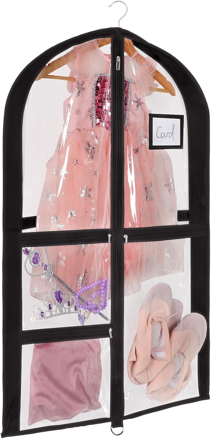 Univivi Clear PVC Dance Costume Bags, 35 Inch Garment Bag for Dance Competitions, with 3 Seperated Medium Clear Zipper Pockets and 1 Large Back Zippered Pocket (Black)