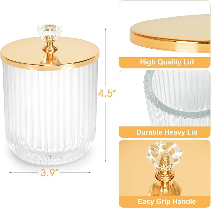 Jenseits 2PCS Qtip Holder Set, Clear Glass Apothecary Jars With Lid for Cotton Ball and Round Pad Storage, Bathroom Vanity Organization, Farmhouse Home Decor