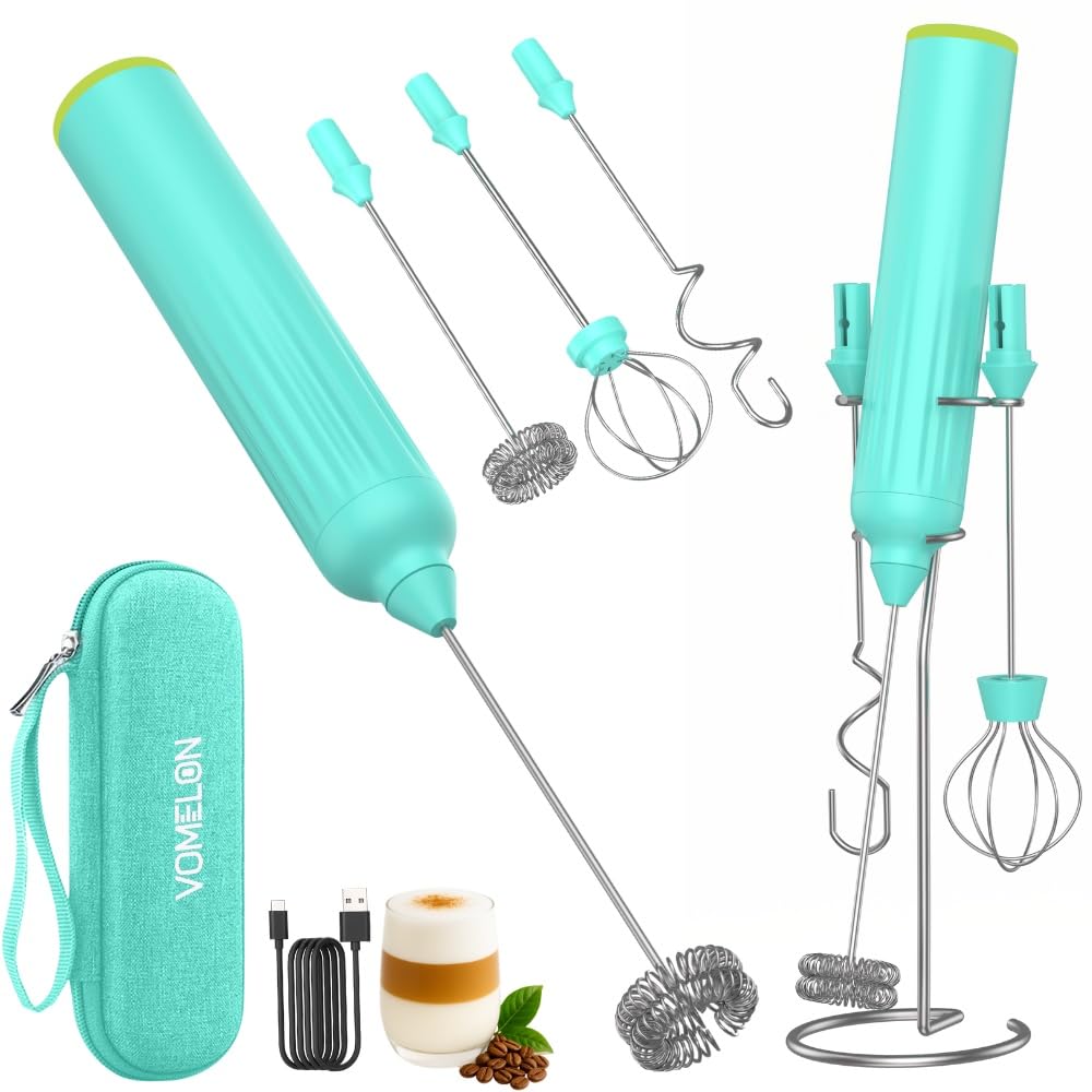 Milk Frother Handheld with 3 Stainless Steel Whisks, Rechargeable Electric Drink Mixer with Stand & Travel Case, Milk Foamer for Coffee, Latte, Cappuccino, Hot Chocolate, Egg,Jam Supplement-Pink