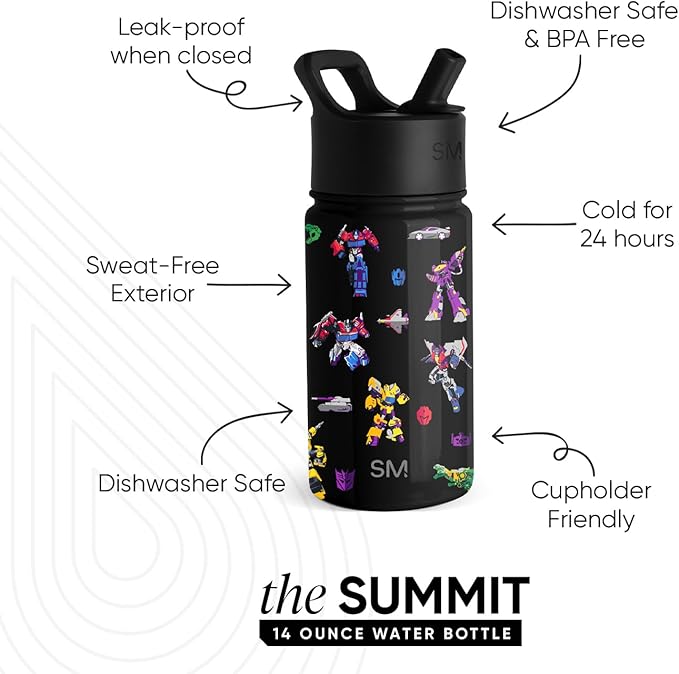 Simple Modern Kids Summit Water Bottle with Straw Lid | Transformers 14oz Stainless Steel Cup Insulated Tumbler for Toddlers, Boys, School | Transformer Block Nation
