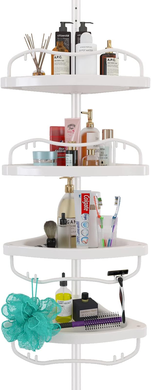 Shower Caddy Tension Pole with 4 ABS Baskets,Shower Storage Shelf with 56 to 125 Inch Adjustable Stainless Pole for Bathroom White