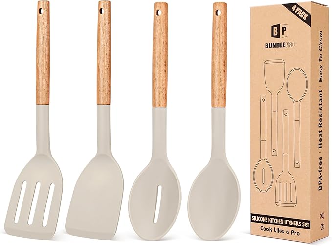 Pack of 4 Silicone Cooking Utensils Set, Non Stick Solid Spatulas and Heat Resistant Slotted Spoons with Wooden Handle, Ideal Wood Kitchen Utensils Set for Frying,Serving,Turning,Stirring (PINK)