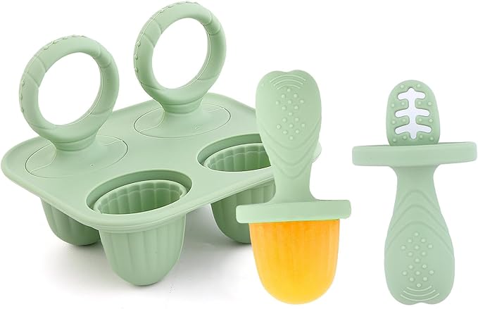 Silicone Baby Ice Pop Molds with Easy-Grip Handles, 4-Cavity Frozen Food Feeder Tray for Toddlers, Mini Popsicle Maker for Feeding Stage, Fruit Puree & Breast Milk Snacks(Light Pink)