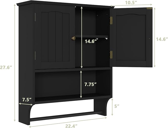 Smuxee Black Bathroom Cabinet Wall Mounted with Towels Bar, Medicine Cabinet with 2 Door Adjustable Shelves, Over Toilet Cabinet for Bathroom Laundry Room Kitchen