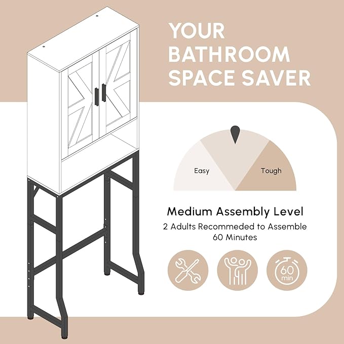 USHOWER Over The Toilet Storage Cabinet, Bathroom Organizers and Storage with Barn Doors, Thicken Metal Stand & MDF Wood Above Toilet Storage Cabinet, Freestanding Space Saver, White