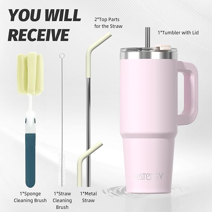 20 oz Tumbler with Handle,Tumbler with Lid and Straw,Double Wall Insulated Cup Stainless Steel Travel Mug(Cold for 34 Hours),Water Bottle for Iced Tea,Coffee,Cold Beverages(Rose Quartz)