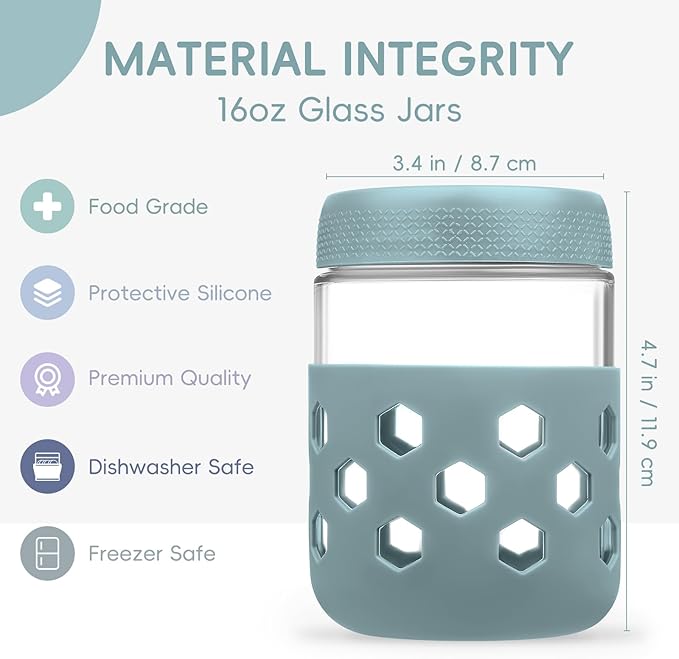 Gemice 6-Pack 16oz Glass Mason Jars with Silicone Sleeves, Airtight BPA-Free Overnight Oats Containers with Lids, Dishwasher Safe Leak-Proof Meal Prep Jars for Chia Pudding, Yogurt, Snacks