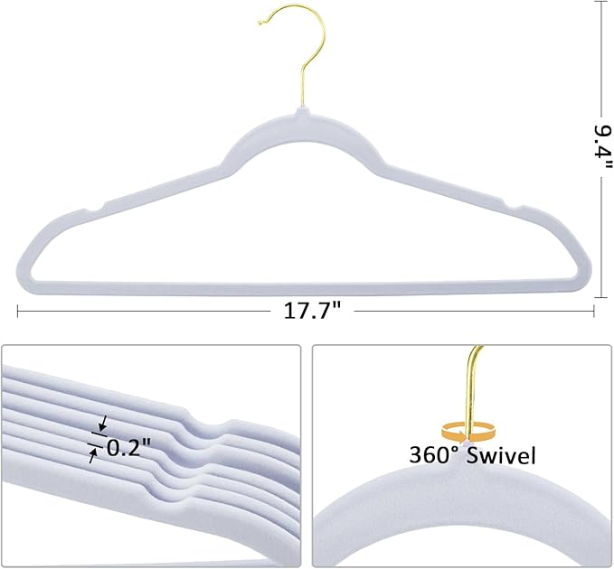Velvet Hangers, Set of 60 Pack Clothes Hanger with 360° Swivel Gold Hook, Non-Slip, and Space-Saving, 0.2-Inch Thick, 17.7-Inch Long for Suit, Coat, Shirt, Dress, Pants - White
