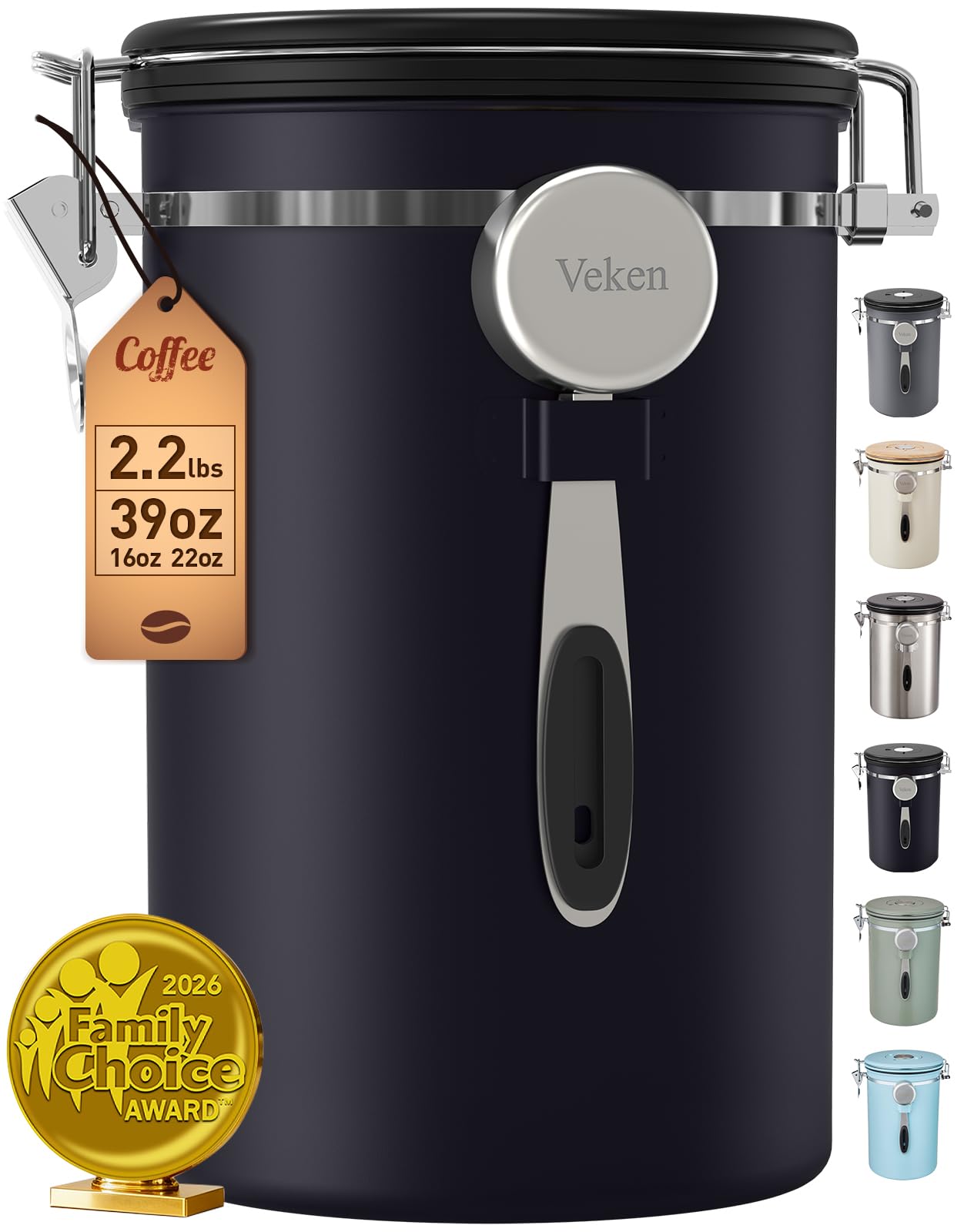 Veken Coffee Canister,39OZ, 2.2lbs,Large Airtight Stainless Steel Container