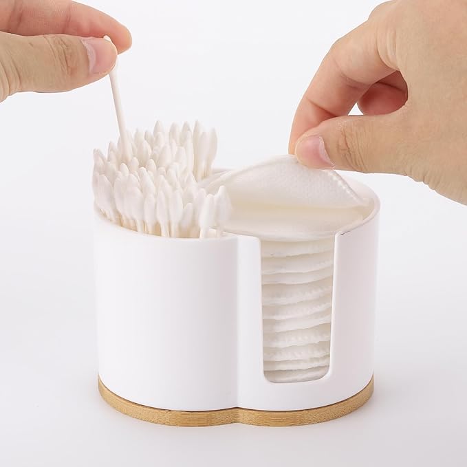 Tbestmax Qtip Dispenser 2-Grid Cotton Ball , Swab, Round Pads Holder for Bathroom Container Organizer, Plastic, White