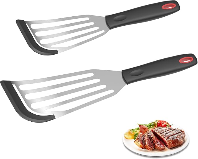 2Pack Silicone Fish Spatulas for Nonstick Cookware,Fish Turner Spatula Stainless Steel with Heat Resistant Silicone Edge,Metal Slotted Spatula for Flipping Fish Egg Patties Fries Pancake Steak (Red)