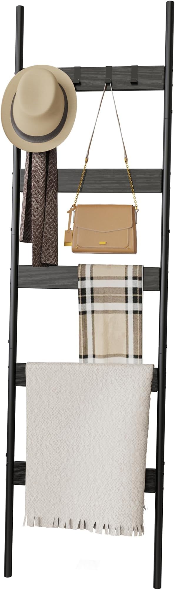 Blanket Ladder, 5-Tier Towel Holder with 4 Removable Hooks, Farmhouse Wall Leaning Decorative Rack Shelf, Wooden Towel Display Rack, Quilt Ladder for Living Room, Bedroom, Black