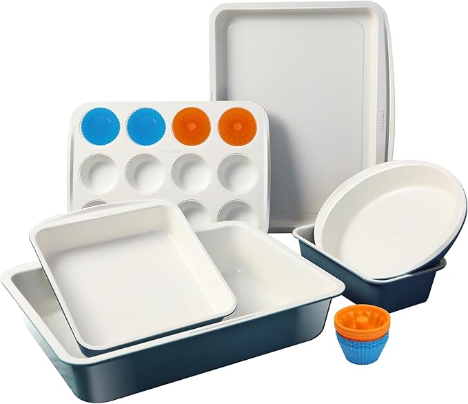 Ymiton Ceramic Nonstick Baking Pans Set, Non Toxic 33 PCS Stackable Bakeware Sets, 550°F Oven Safe Baking Sheet & Pans, Warp-Free, Dishwasher Safe, PTFE/PFOA/PFOS-Free (Blue)