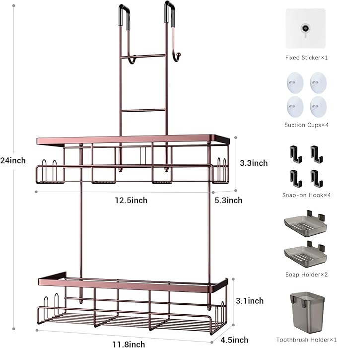 Over the Door Hanging Shower Caddy: Rustproof Hanging Organizer over the Door - No Drilling Bathroom Rack for Inside Shower Bronze