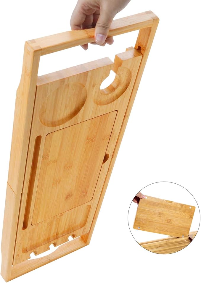 Utoplike Bamboo Bathtub Caddy Tray Bath Tray for Tub, Adjustable Bathroom Bathtub Organizer with Book Tablet Wine Glass Cup Towel Holder (24.5"-37.4")