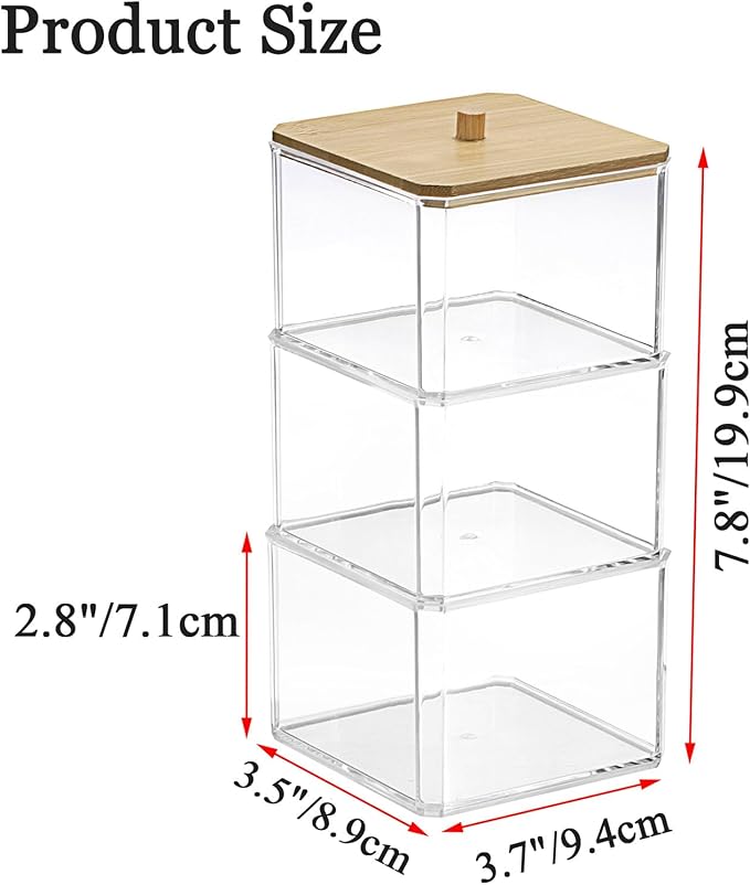 Hipiwe 3 Tiers Acrylic Cotton Swab Organizer Clear Qtip Holder with Lid Stackable Bathroom Accessories Storage Box for Office Living Room Bathroom, 3.7 x 3.5 x 7.8 Inch