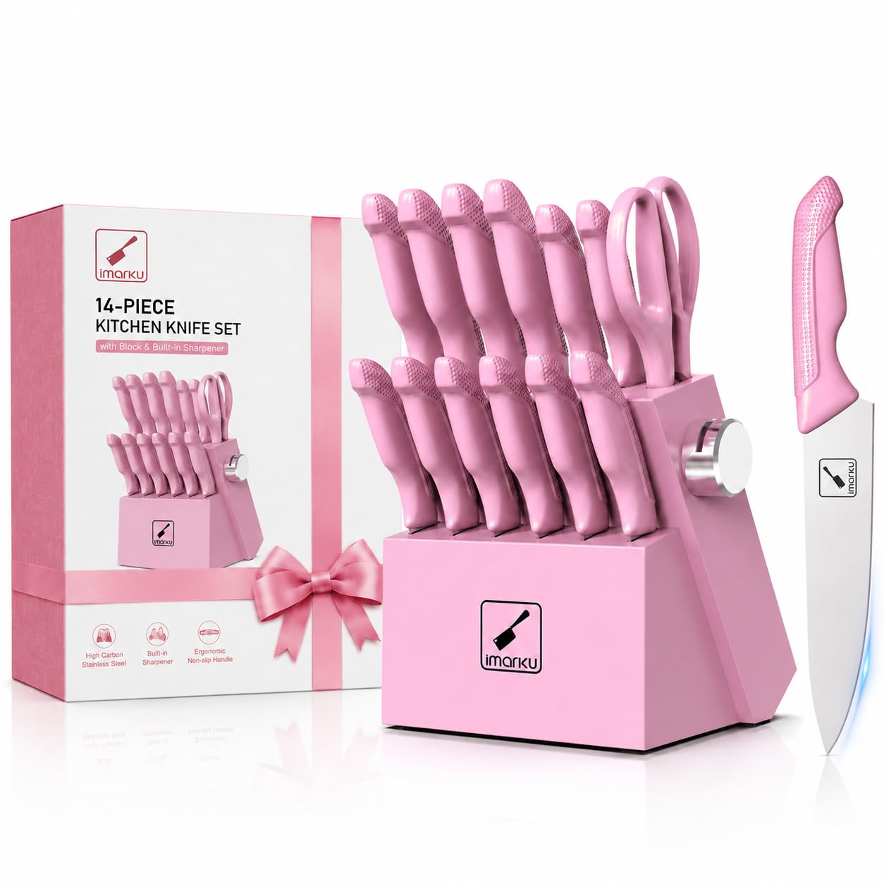imarku 14-Piece Kitchen Knife Set, High-Carbon Stainless Steel,Pink