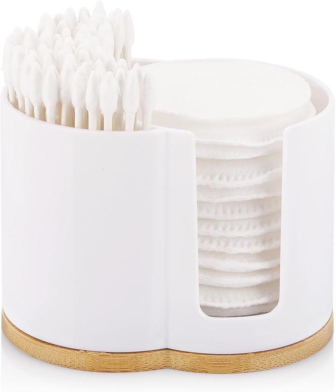 Tbestmax Qtip Dispenser 2-Grid Cotton Ball , Swab, Round Pads Holder for Bathroom Container Organizer, Plastic, White