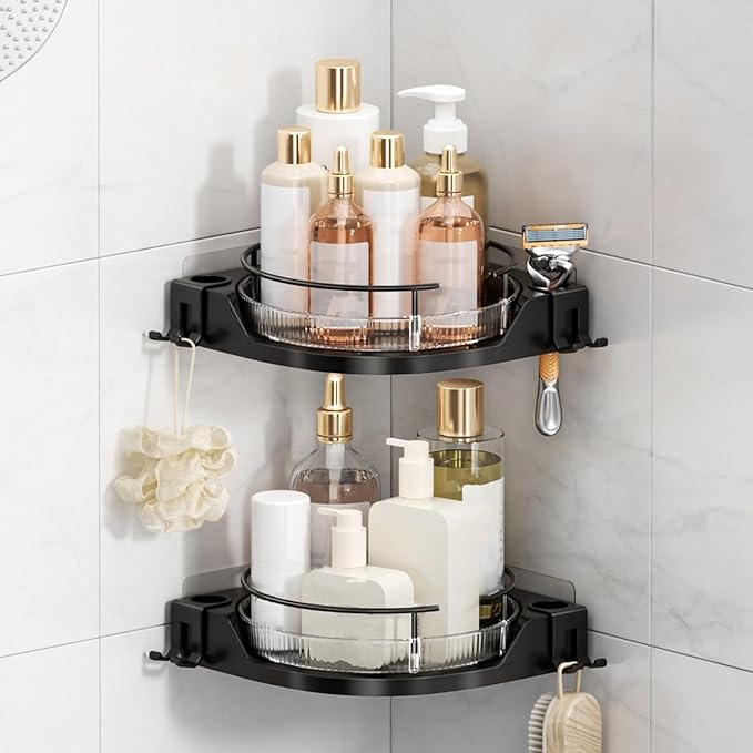 360° Rotating Corner Shower Caddy (2-Pack) - Lazy Susan Bathroom Organizer with Hooks, No-Drill Adhesive Mount for Shower, Kitchen, RV, Space-Saving ABS Plastic Shower Shelf