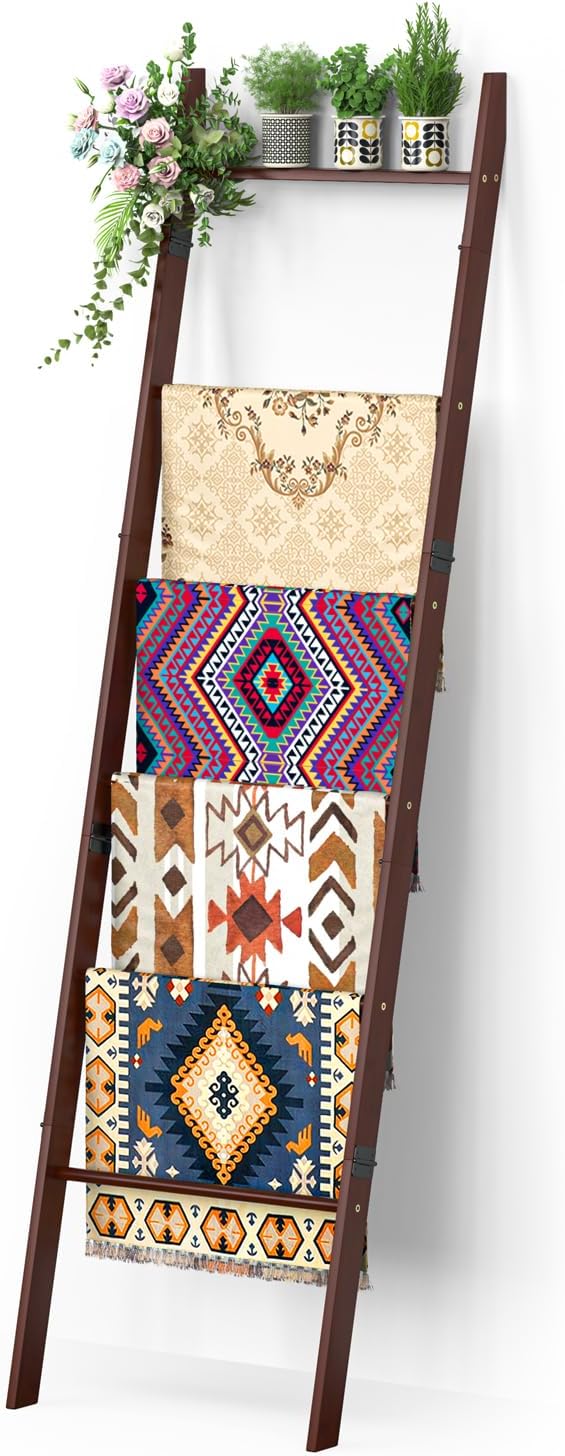 BAMBANG 6-Tier Blanket Ladder for Living Room, Blanket Quilt Ladder Rack Rustic Decorative Towel Holder, Wall Leaning Blanket Ladder Shelf Storage Farmhouse Decor for Bedroom Bathroom, Brown