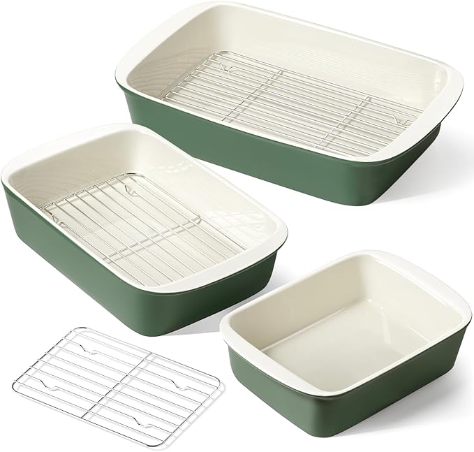 LE TAUCI Ceramic Casserole Dishes for Oven with 304 Racks, Set of 3, Oat
