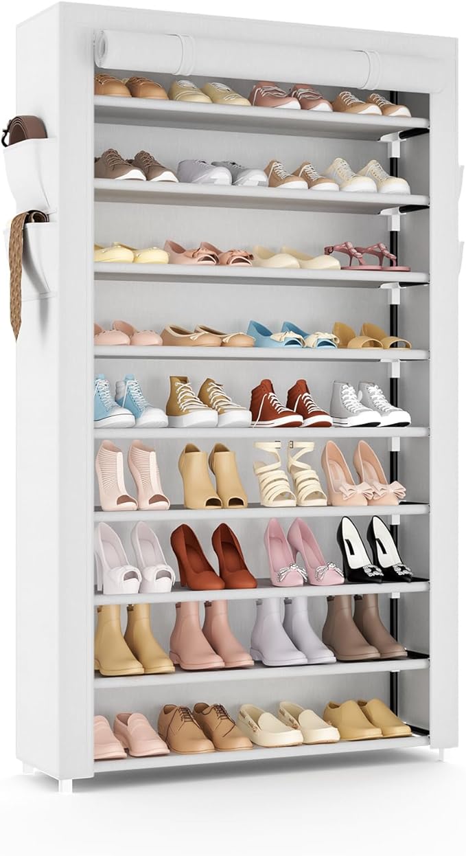 Shoe Rack with Cover Narrow Shoe Organizer with Pockets 10 Tier Tall Shoe Storage Holds 36-41 Pairs Shoes and Boots Shoe Rack for Closet Entryway Garage, White