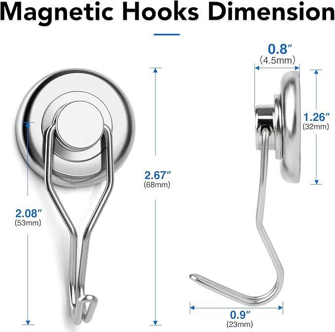 LOVIMAG Hooks, 120lbs+ Magnetic Magnet Hook 2025 Cruise Cabin Ship Essentials Heavy Duty Strong Refrigerator Fridge Hanging for Classroom Beach Vacation Kitchen Grills Home Mug Hanger (8 Pack), Silver