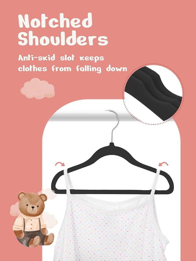 HOUSE DAY 11 Inch Velvet Baby Hangers 100 Pack Black, Premium Kids Hangers for Children, Infant & Toddler Clothes, Durable Non Slip Small Baby Felt Hanger for Closet, Ideal for Everyday Use