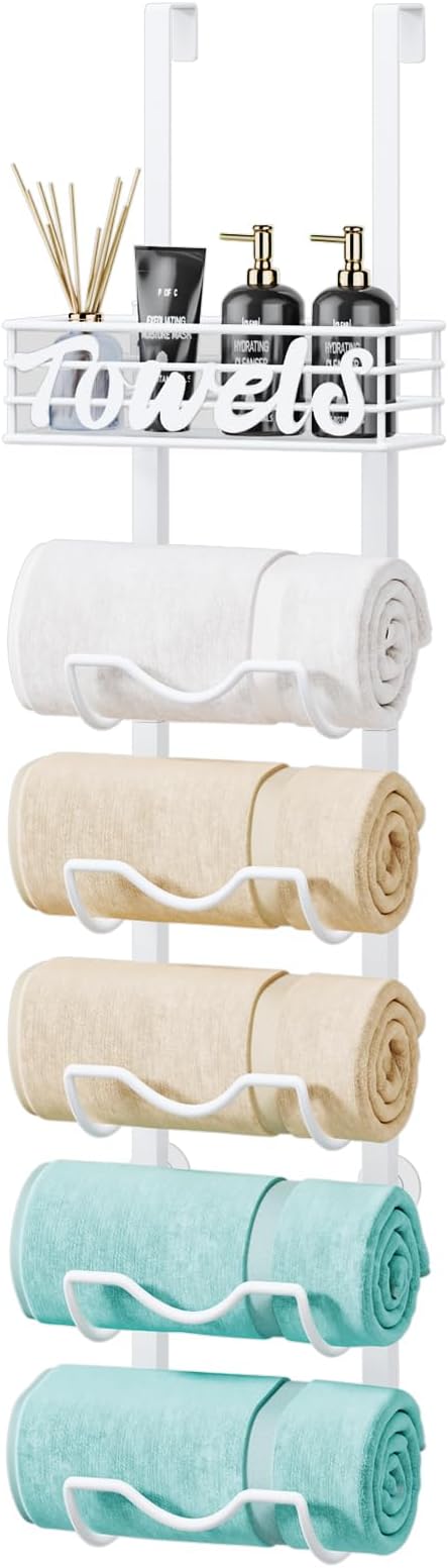 HapiRm Over The Door Towel Rack - 6 Tier Wall Mount Rolled Towel Holder Storage Organizer Shelf with Storage Basket for Small Bathroom, Rv, Camper - White