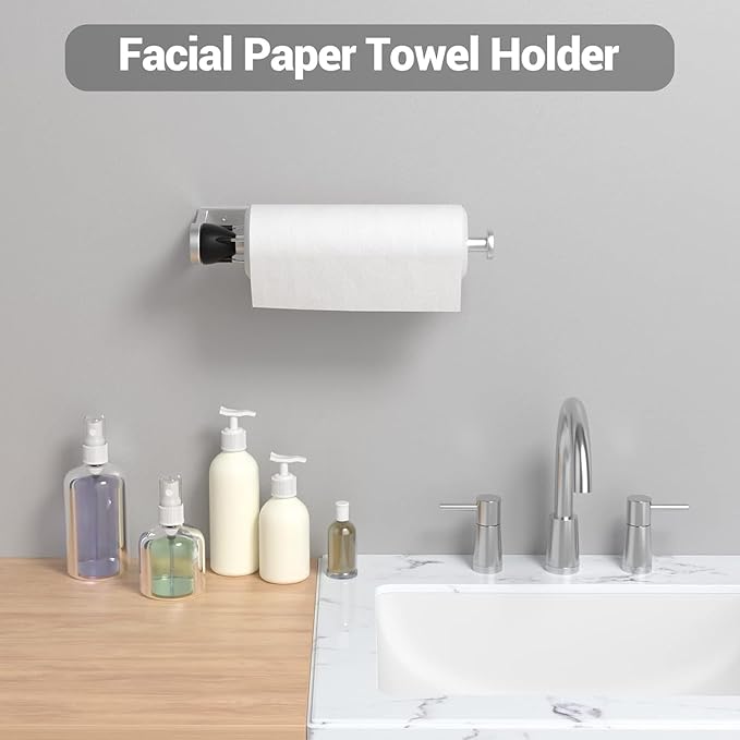 Paper Towel Holder Under Cabinet with Damping Effect, Single-Hand Operable Wall Mount Paper Towel Holder for Kitchen/Bathroom, Under Counter Self-Adhesive/Drilled Kitchen Towel Holder