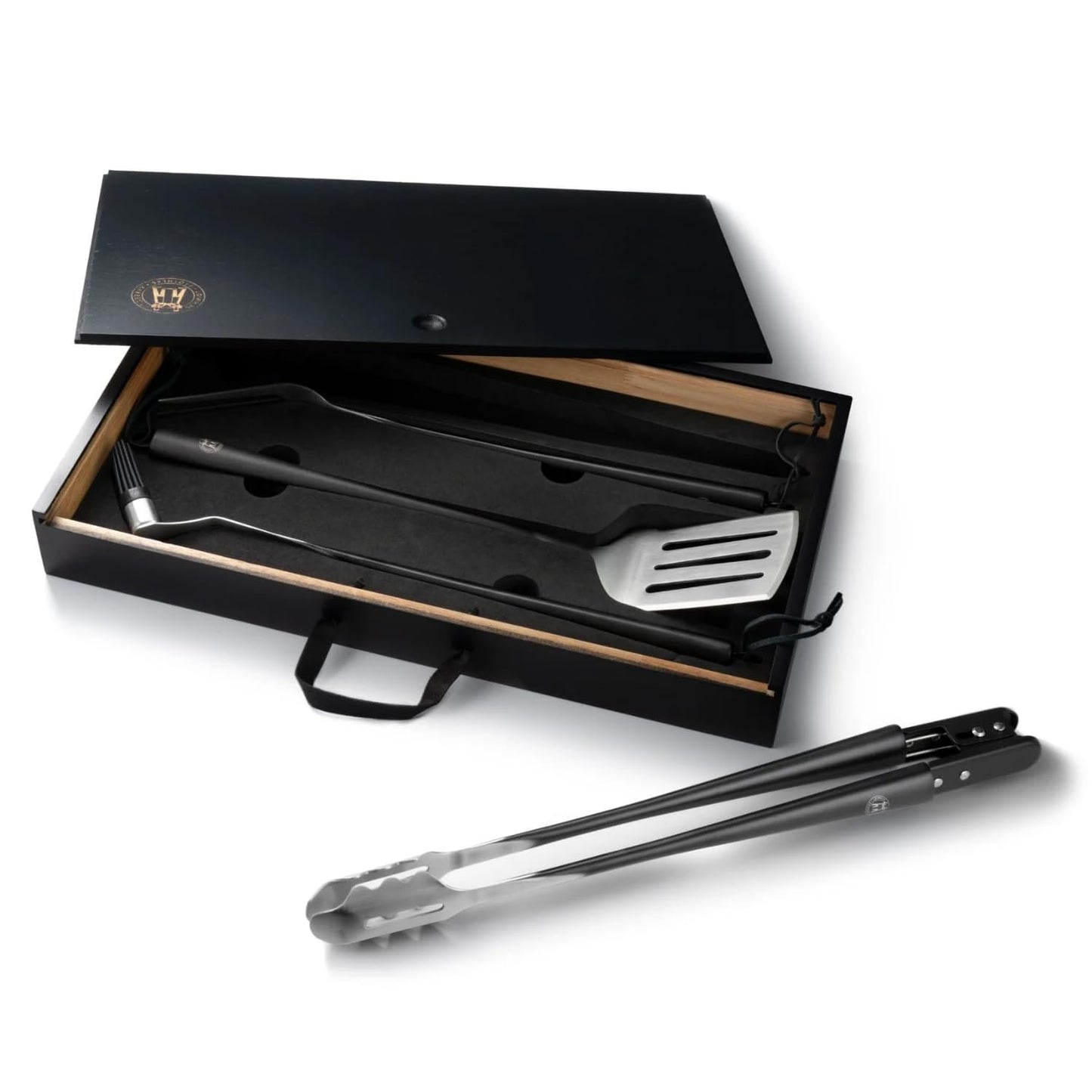 Schmidt Brothers - BBQ Bonded Teak 4 Piece Grilling Accessory Set, Full-Forged Stainless Steel Grilling Utensils Including Spatula, Fork, Basting Brush, and Tongs with All Wood Handles