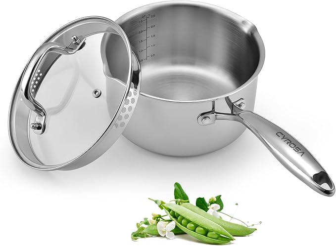Stainless Steel Saucepan with Glass Lid, 2.0 Quart Multipurpose Sauce Pan, Sauce Pot with for Easy Pour with Ergonomic Handle