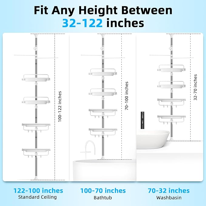 32-122inch Corner Shower Caddy Tension Pole White, Rustproof Drill-Free Shower Shelves for Bathroom Bathtub Washbasin, Adjustable Shower Organizer with 4 Tier Patent Stable Shelves & Towel Bars