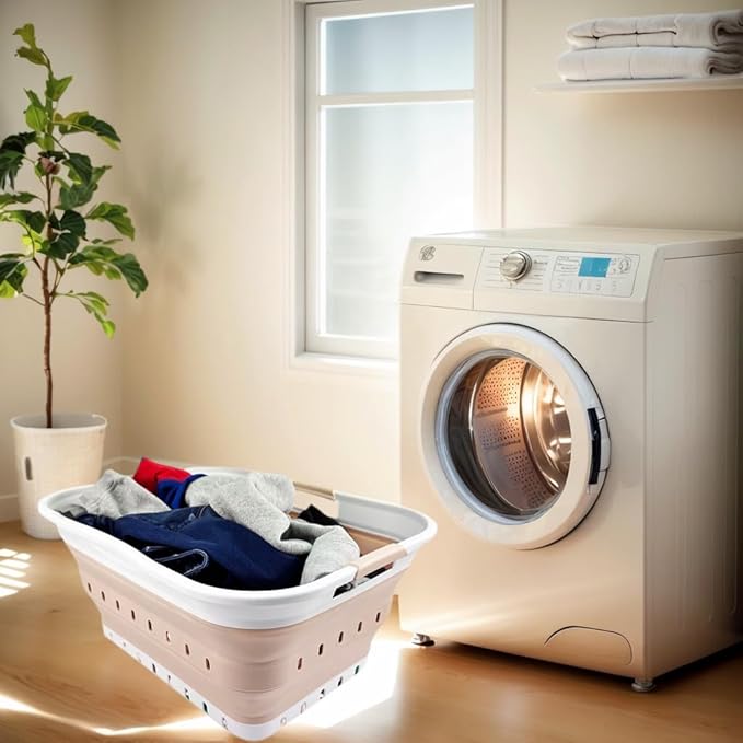 SAMMART 42L (11 gallon) Collapsible Plastic Laundry Basket - Foldable Pop Up Storage Container/Organizer - Portable Washing Tub - Space Saving Hamper/Basket (White/Latte)