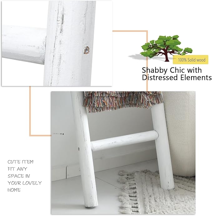 FUIN 57in Wood Blanket Ladder Living Room Decorative Wall Leaning Farmhouse Quilt Display Holder Rustic Wooden Towel Rack for Bathroom, White