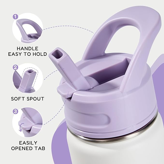 12oz Kids Water Bottle for School, Toddler Bottles with Straws, Stainless Steel Vacuum Insulated Water Bottle for Boys&Girls, Leak-Proof, BPA-Free, Gentle Purple