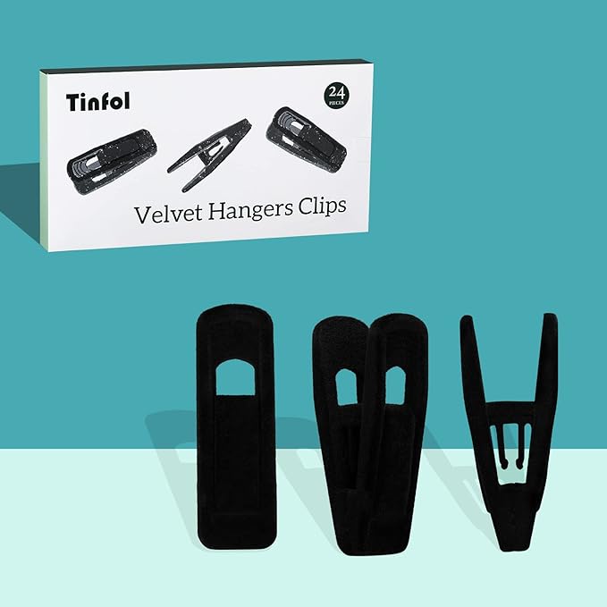 Tinfol Velvet Hanger Clips, 24 Pack Black Pants Hangers Clips, Large Opening Clothes Pin, Strong Finger Flocked Clip Perfect for Use with Slim-line Clothes Velvet Hanger