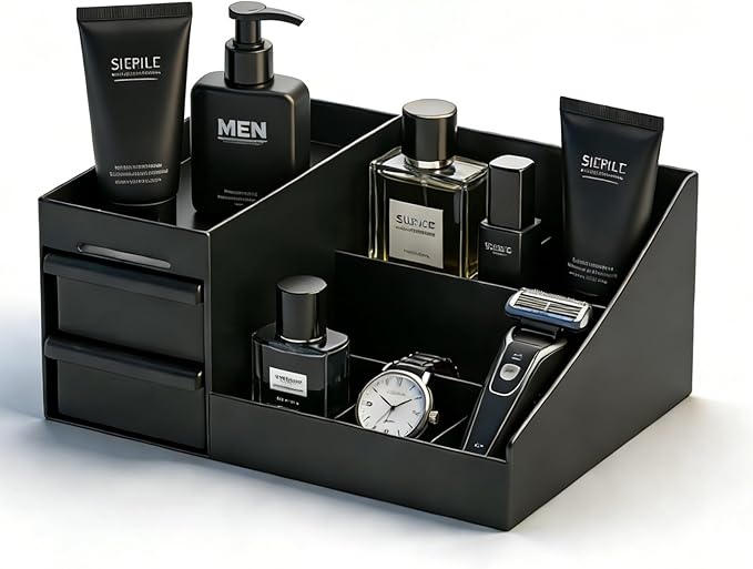 Cologne Stand Organizer for Men - Mens Organizer with Drawers, Perfume Organizer and Cologne Shelf for Bathroom Countertop Storage - Perfect Gifts for Men (Black)