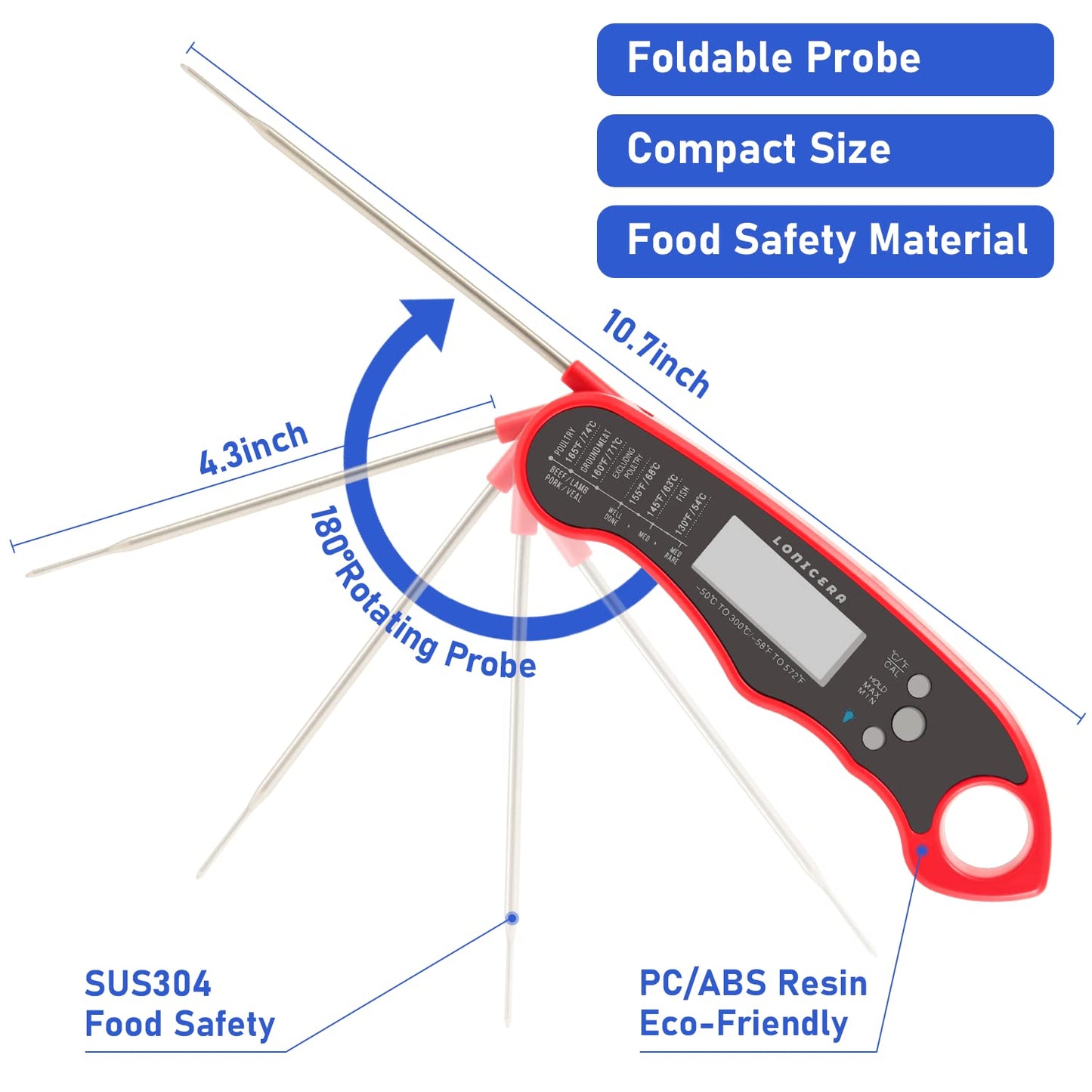 LONICERA Digital Meat Thermometer, Instant Read 1-2 s, Foldable Probe, Red