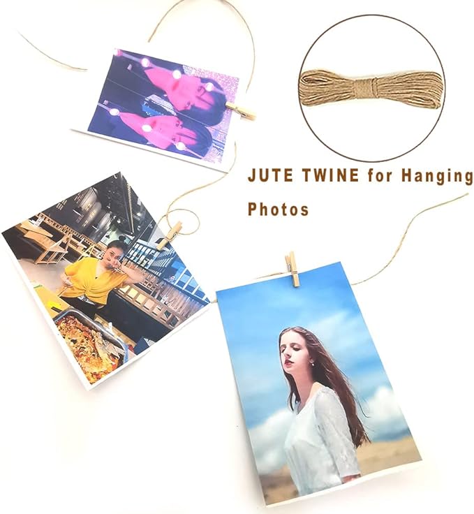 1.35 Inch Mini ClothesPins for Photo【100 Pcs】 with 32 Feet Jute Twine，Mini Clothes Pins for Crafts,Wooden Small Clothes Pins for Pictures,Tiny Decorative Clothespins for Baby Shower(Natural Color)