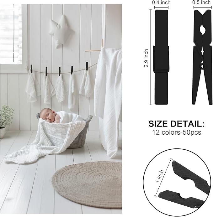 Black Colored Clothes pins 2.9inch 50PCS Black, Colorful ClothesPins Wooden Clips for Photos Pictures Decorative Crafts, Decoration clothespins Clothing Hanging clothespins
