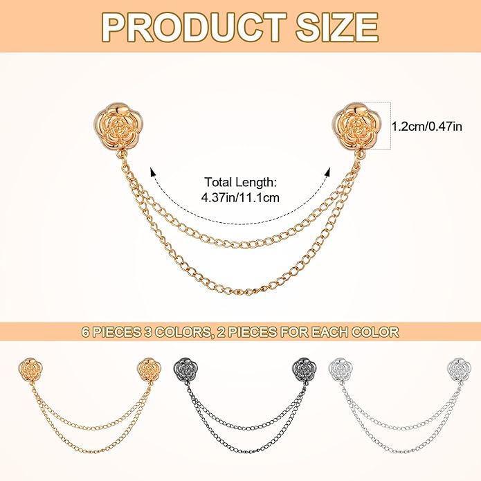 6pcs Magnetic Clothing Clips with Chain, Multi-Function Magnet Button Pins Hijab Cuff Clips for Fixing Hem of Clothes Long Pants Legs Sleeves of Shirts