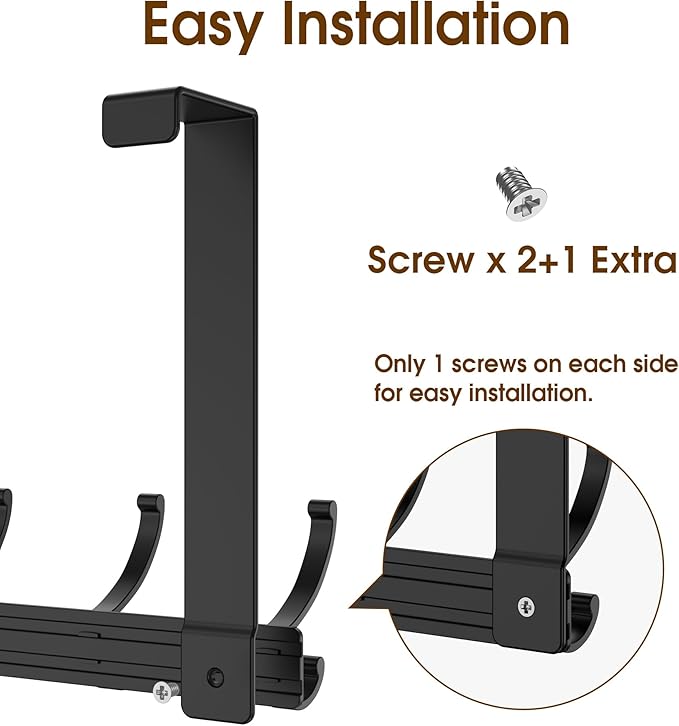 Over The Door Hooks Hanger with 7" Arms, Door Hooks for Hanging, Fit 1 3/4" Door, Tool-Free Assembly, F7U, Towel Racks Organizer Holder for Bathroom - Black
