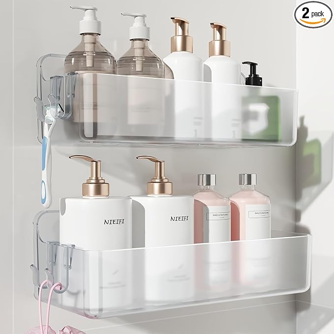 Nieifi Adhesive Wall Shelf, Shower Shelves 2 Pack, Shower Organizer for Bathroom Organization, Clear