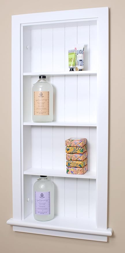 Fox Hollow Furnishings 14x36 Aiden Recessed Wall Niche Medicine Cabinet Replacement, in The Wall Bathroom Cabinet Insert Shelf/Shelves, Made in North America, Real Wood, NO MDF, Beadboard, White